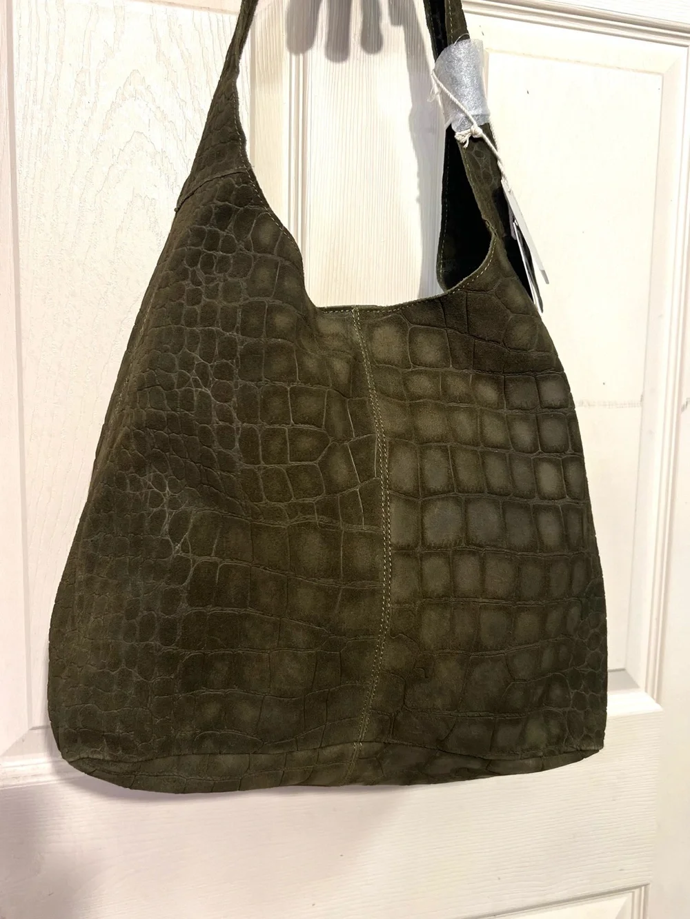 Haute Hippie olive green hobo bag with, crocodile-embossed suede design.NWT